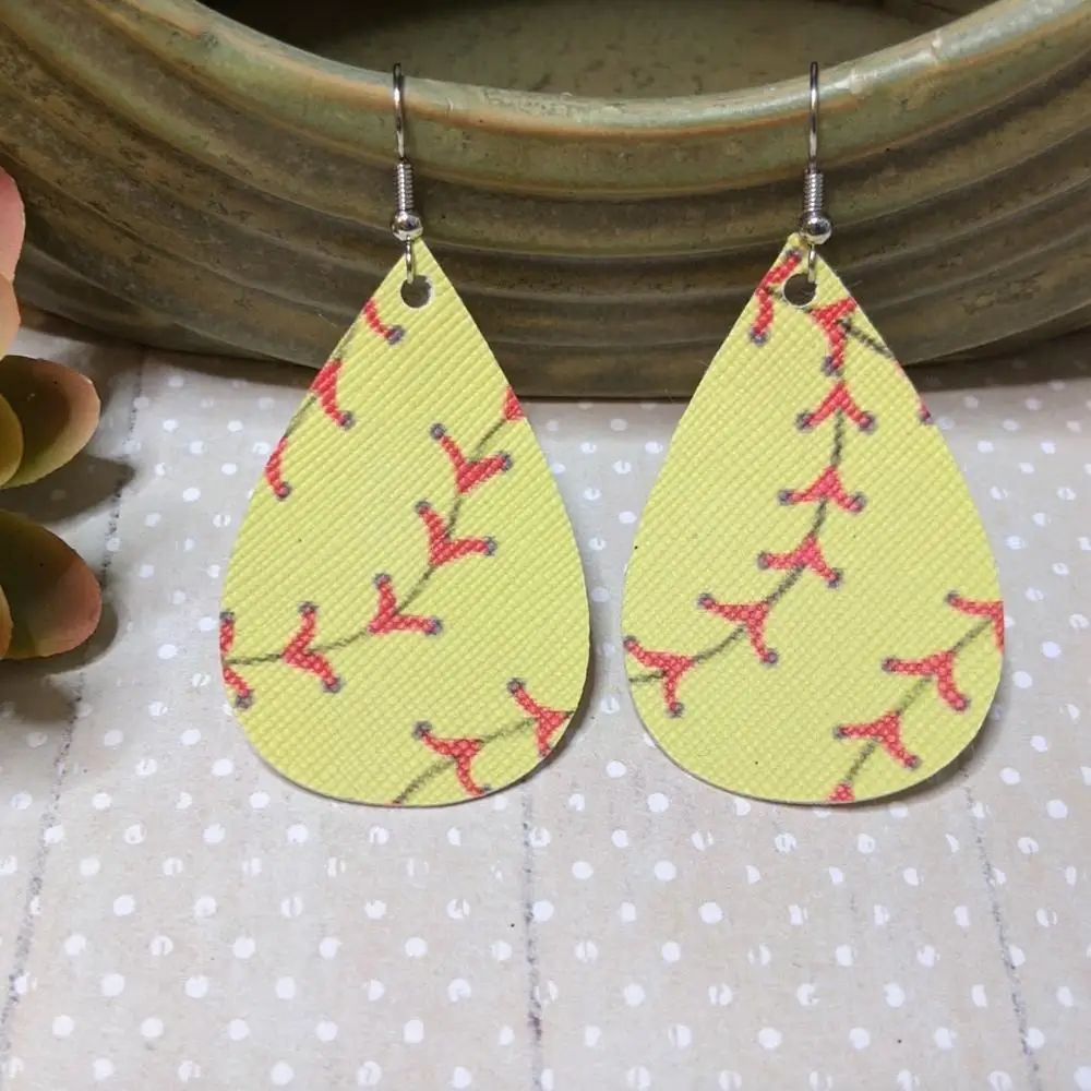 

2020 New Fashion Volleyball Faux Leather Teardrop Earrings Both Side Water Drop Printed Earrings