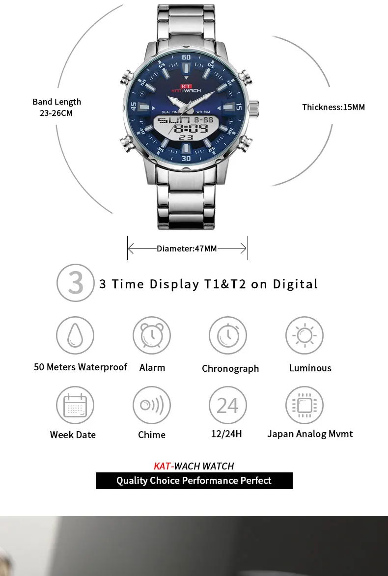 KT New Mens Watches with Stainless Steel Dual Display Waterproof 3D Dial Analog Digital Chronograph Male Sport Style KT1815