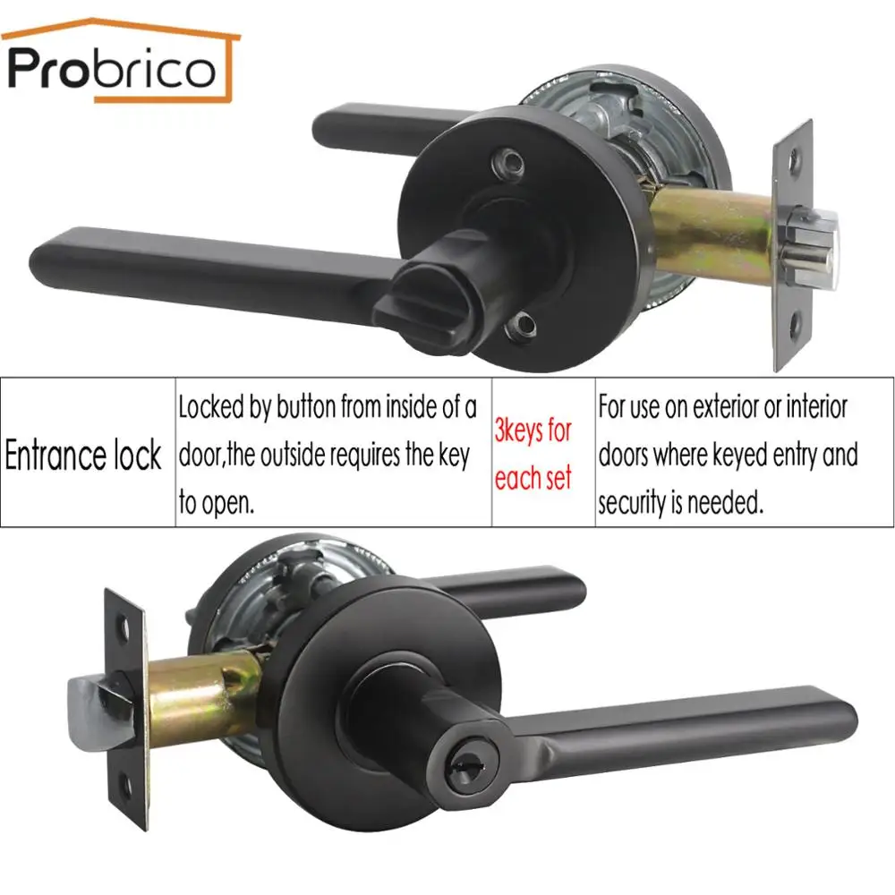 Probrico black handles for interior doors Modern front back levers with lock cylinder Entrance Lock Bedroom wooden door hardware |