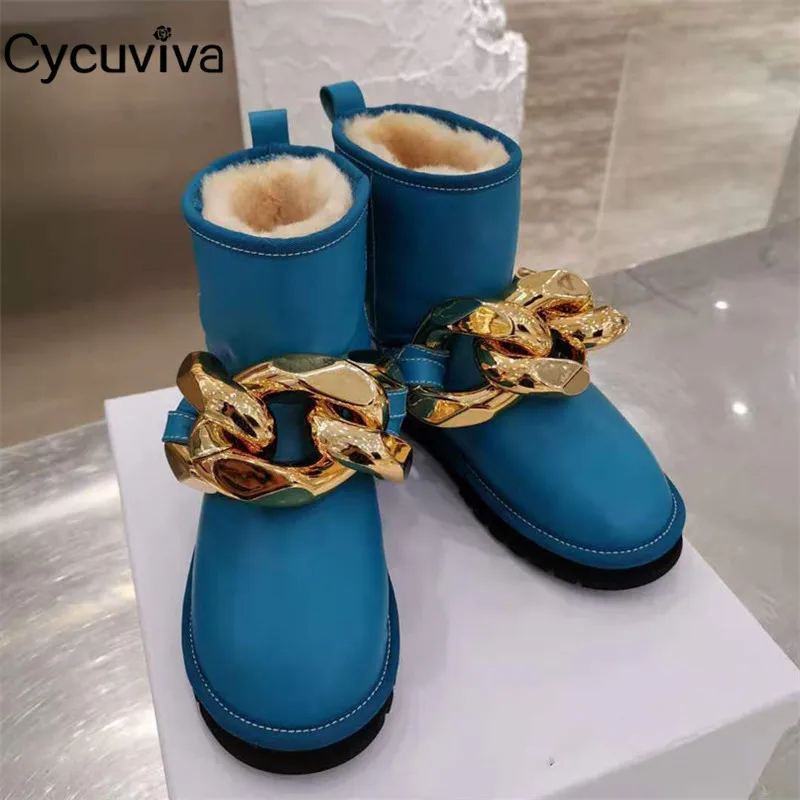 Новинка женские зимние сапоги из шерсти с золотой цепочкой теплая обувь на