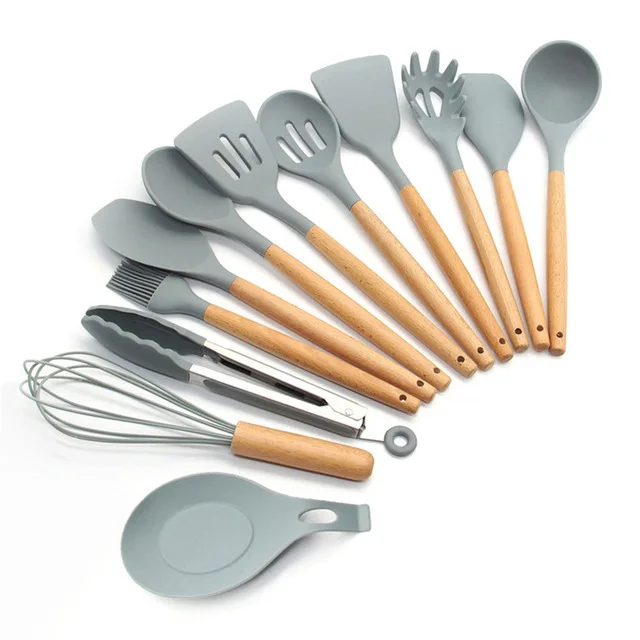 12- kitchen set Набор для кухни, 11/12 предметов. силиконовых кухонный набор, антипригарная, деревянная, ручка, набор кухонных инструментов, набор кухонных принадлежностей, c держателем коробка, для готовки,кухонная утварь - Цвет: 12- kitchen set