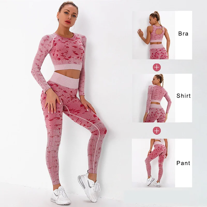 

2/3Pcs Women Workout Set Seamless Yoga Shirt Bra and High Waist Pant Solid Tracksuit Female Sport Leggings Top Suit for Fitness