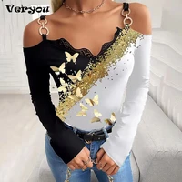 autumn bronzing butterfly print women t shirt sexy sling lace top long sleeve lady pullover slim off shoulder tee streetwear