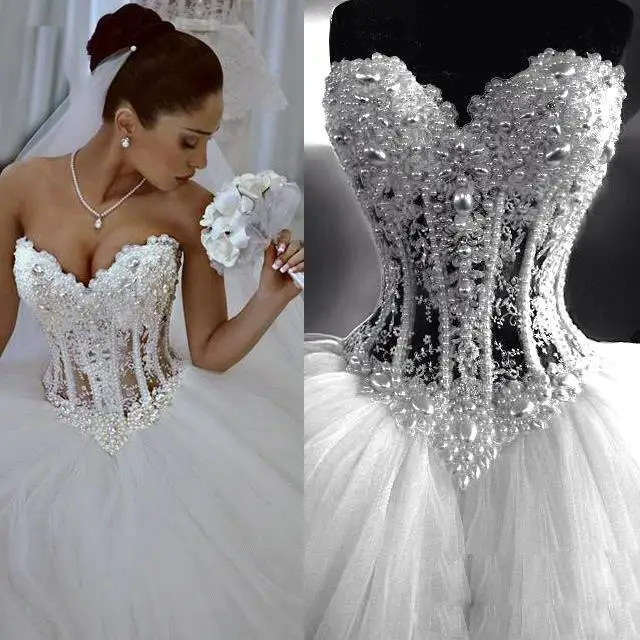 

Hot Sale 2015 Vestidos De Noiva Sweetheart Romantic White Wedding Dresses Ball Gown Pearls Bridal Gowns Long