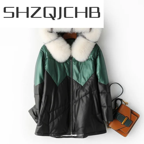 

Женский пуховик из 100% натуральной кожи SHZQ, зимние куртки, 2021 натуральный Лисий мех, с капюшоном, дубленка на утином пуху, пальто для женщин 1
