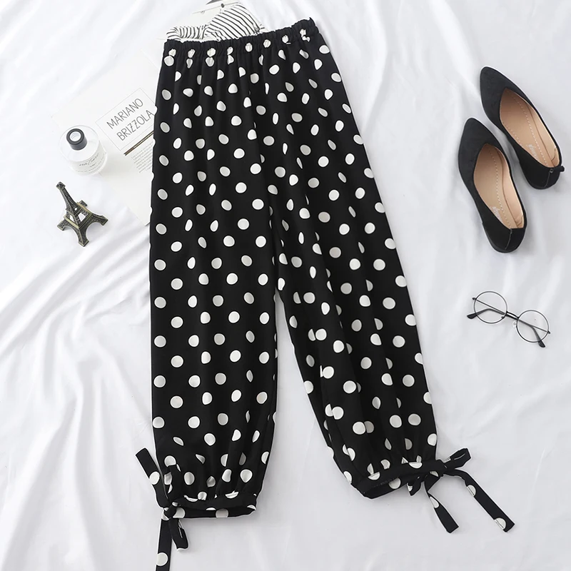 

Abrini 2021 Autumn And Winter Wide-Leg Pants Women's Polka Dot Belt Wide Loose Elastic Waist Pants Plus Size Striped Trousers