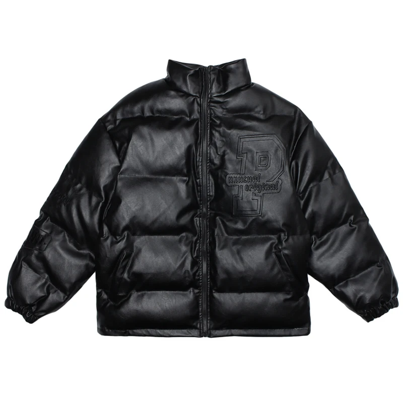 

Mens Embossing Thick Warm Parkas Winter Unisex PU Leather Padded Jackets Coat Male Oversize Casual Outwear Couple Parkas Jacket