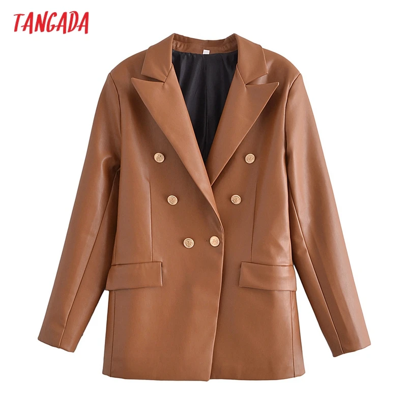 

Женский двубортный блейзер из искусственной кожи, с длинным рукавом