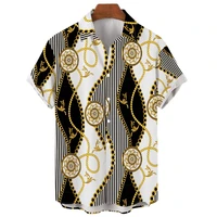 mens hawaiian sleeve casual single button loose oversized 3d gold necklace print shirt top
