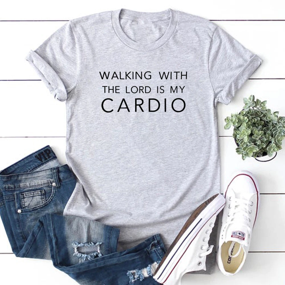 

Walking With The Lord Is My Cardio T-shirt Casual Unisex Motivational Slogan Tshirt Women Scripture Christian Church Tops Tees