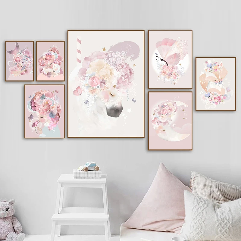 Настенная Картина на холсте розовые цветы маленькая девочка Луна лиса Печатный