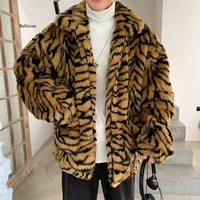 winter men faux fur tiger pattern coat jacket male fashion loose warm coat male streetwear thicken outwear oversize
