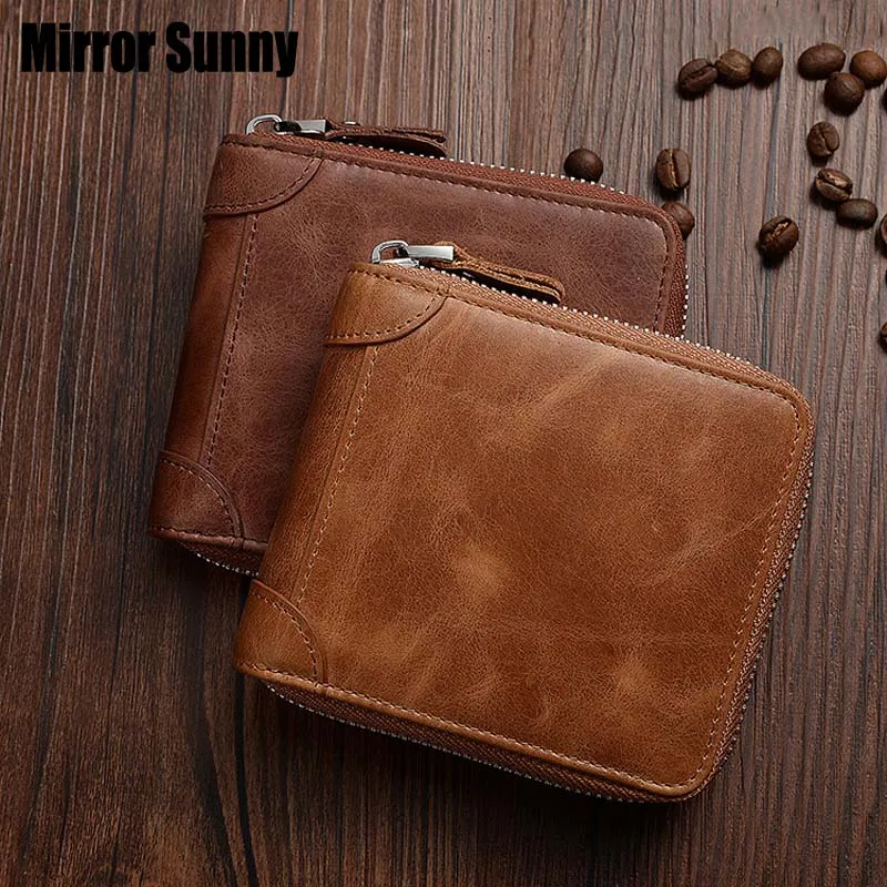 MIRROR SUNNY Retro genuine leather men short wallet multi-functional men's zipper purse vintage male card coin | Багаж и сумки