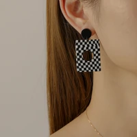 retro acrylic square earrings for women korean black white checkerboard hollow out eardrop gift exaggerated ear piercing jewelry
