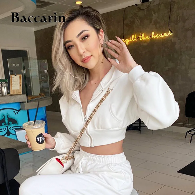 

Baccarin Zipper Hoodie Women Crop Top Long Sleeve Jacket Solid Pocket Loose Streetwear 2020 Autumn Winter Outwear Casual
