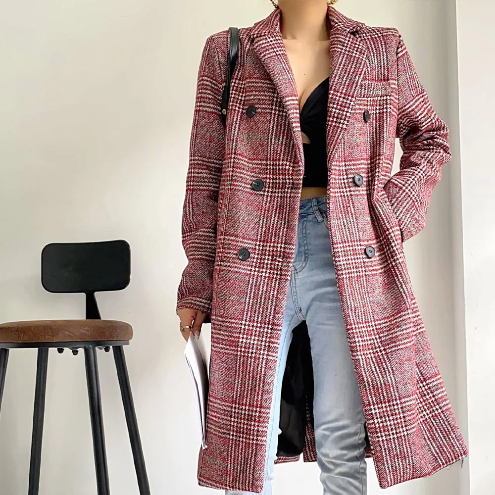 

Женское шерстяное пальто средней длины BM UR HM ZA, универсальное приталенное двубортное клетчатое пальто в стиле ретро, Осень-зима 2021