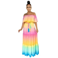adogirl sexy women summer long dress off shoulder rainbow stripes print dress butterfly sleeve flare maxi beach dress vestido