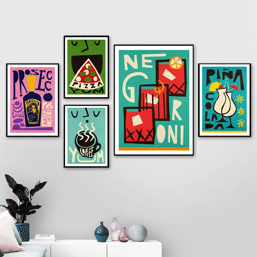 

Abstract Cartoon Food Fruit Juice Rum Gin Wall Art Canvas Painting Yum Coffee Pizza Prosecco Poster For Club Bar Shop Decor