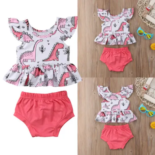 2018 г. новые летние детские повседневные розовые топы с рюшами и динозавром для