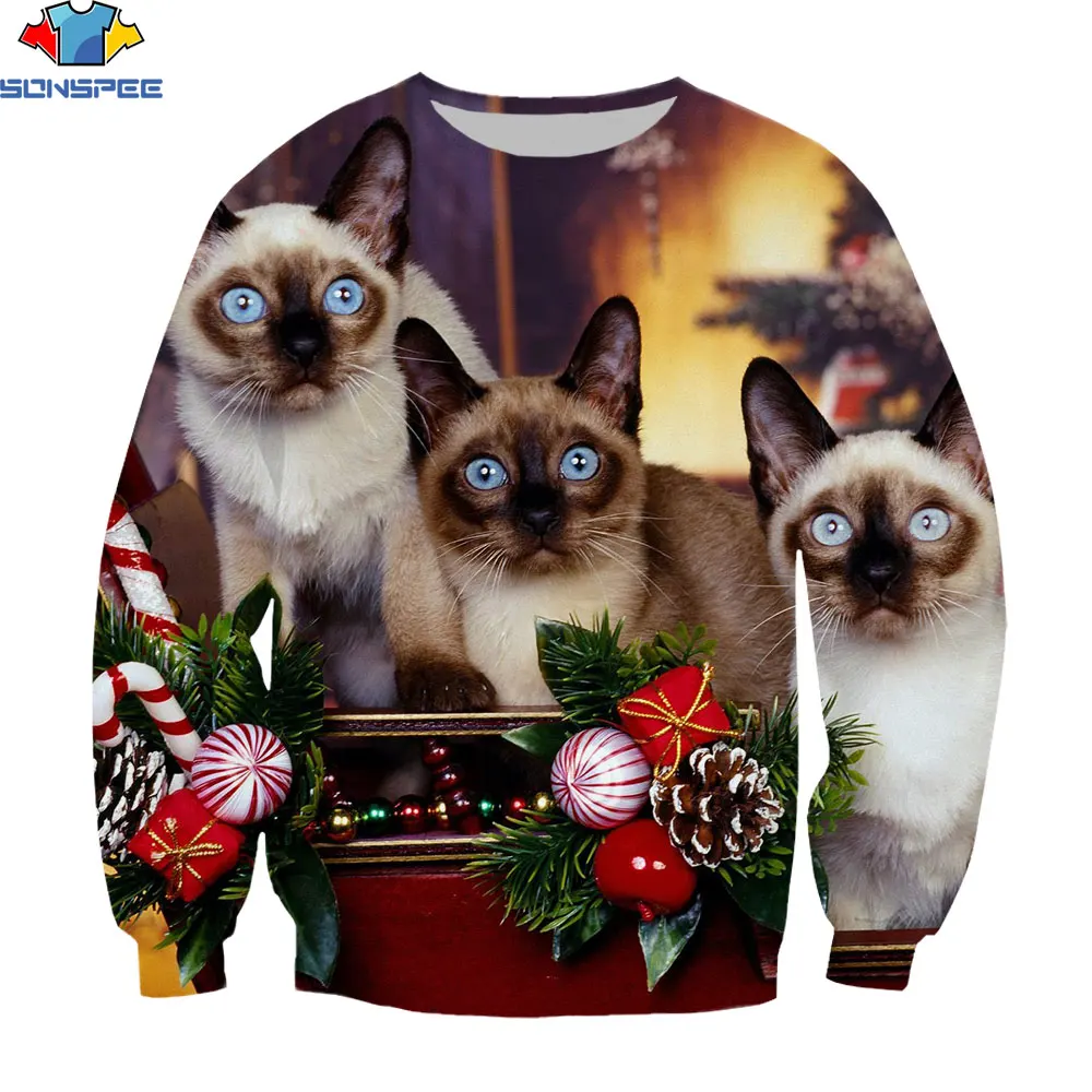 

SONSPEE 3D Painting Animal Cute Siamese Cat Without Cap Sweatshirts Men Women Long Sleeve Casual Harajuku Pullover Top Clothing