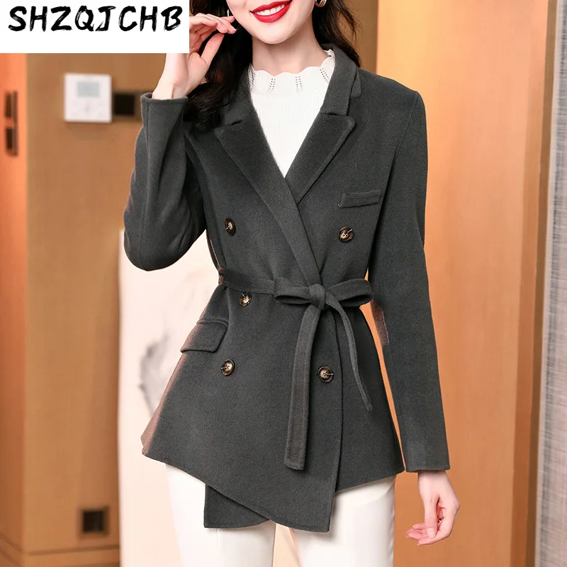 

SHZQ Korean Slim Double-sided Cashmere Coat Women's Medium and Long 2021 New Temperament Wool Wool Wool Suit Coat