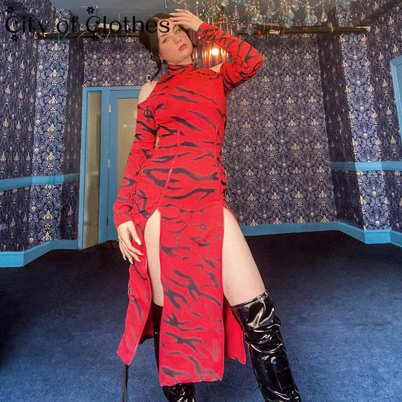 

Zebra Print Long Sleeve Zipper Patchwork Midi Dress Off Shoulder Slit Bodycon Sexy Streetwear 2021 Autumn Party Club Y2K
