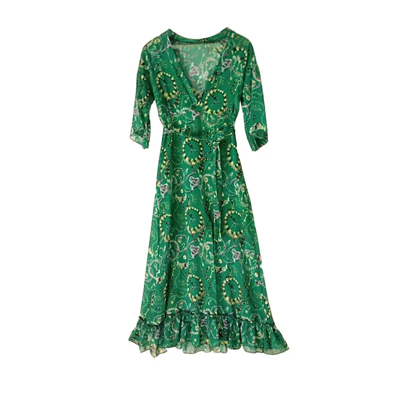 

WEPBEL Dress Spring Summer Fashion Print Loose Dress Women's Casual Half Flare Sleeve Lace-up V-neck Stitching Dress