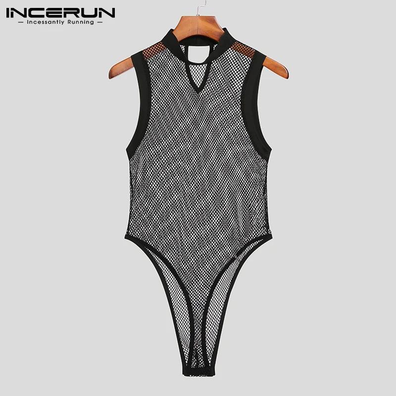 

New Men Fashion Sleeveless Bib Pants Breathable Mesh Sexy Leisure Bodysuits Homewear Comfortable Triangle Jumpsuit S-5XL INCERUN