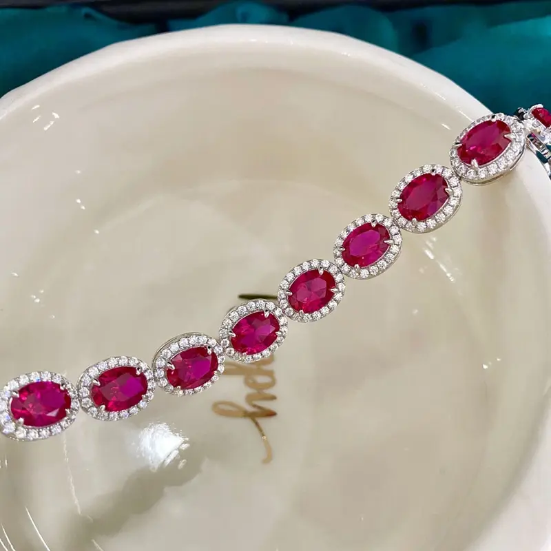 

Jazaz Luxury 100% 925 Sterling Silver Luxury Oval Ruby Sparkling High Carbon Diamond Bracelrts For Women Wedding Party B1149