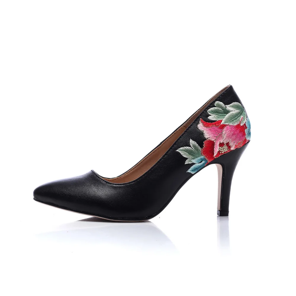 

2020 Autumn New High Heel Stiletto Heel Casual All-Matching Women's Embroidered Shoes Genuine Leather Retro Style Women's Shoes