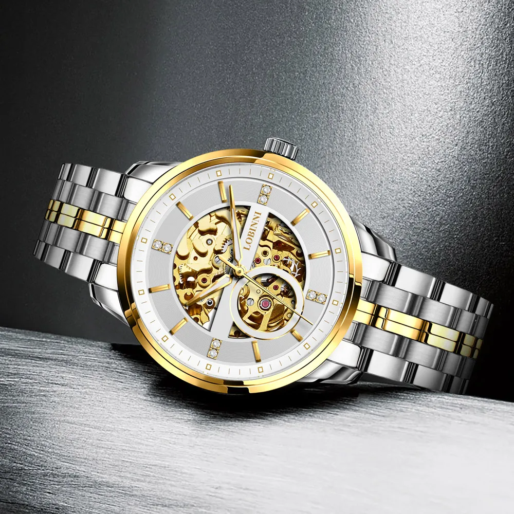 

Мужские водонепроницаемые часы Lobinni с автоматическим механизмом, золотистые наручные часы с сапфировым ремешком и кожаным ремешком, 2020