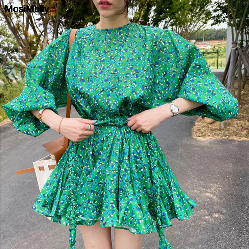 

MosiMolly Chic Flower Dress Women Boho Beach Pleated Dress 2020 Trendy Bow Mini Dress