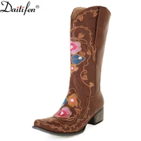 daitife new autumn and winter sleeve embroidered flowers v mouth but knee thick heel western cowboy knight fashion boots women