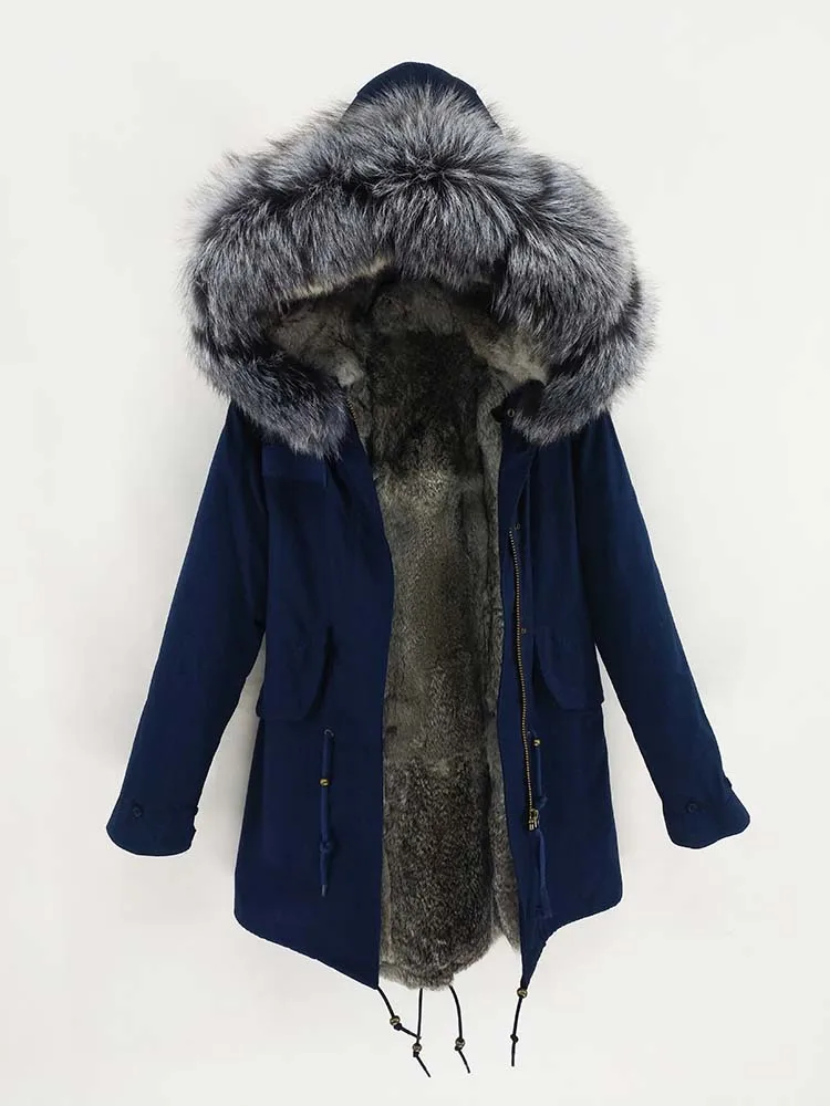 navy blue long 5 Мужской зимний жакет Длинная парка натуральный мех Пальто Подклад мех кролика рекс Воротник мех енота Топ бренд Теплый - Цвет: navy blue long 5