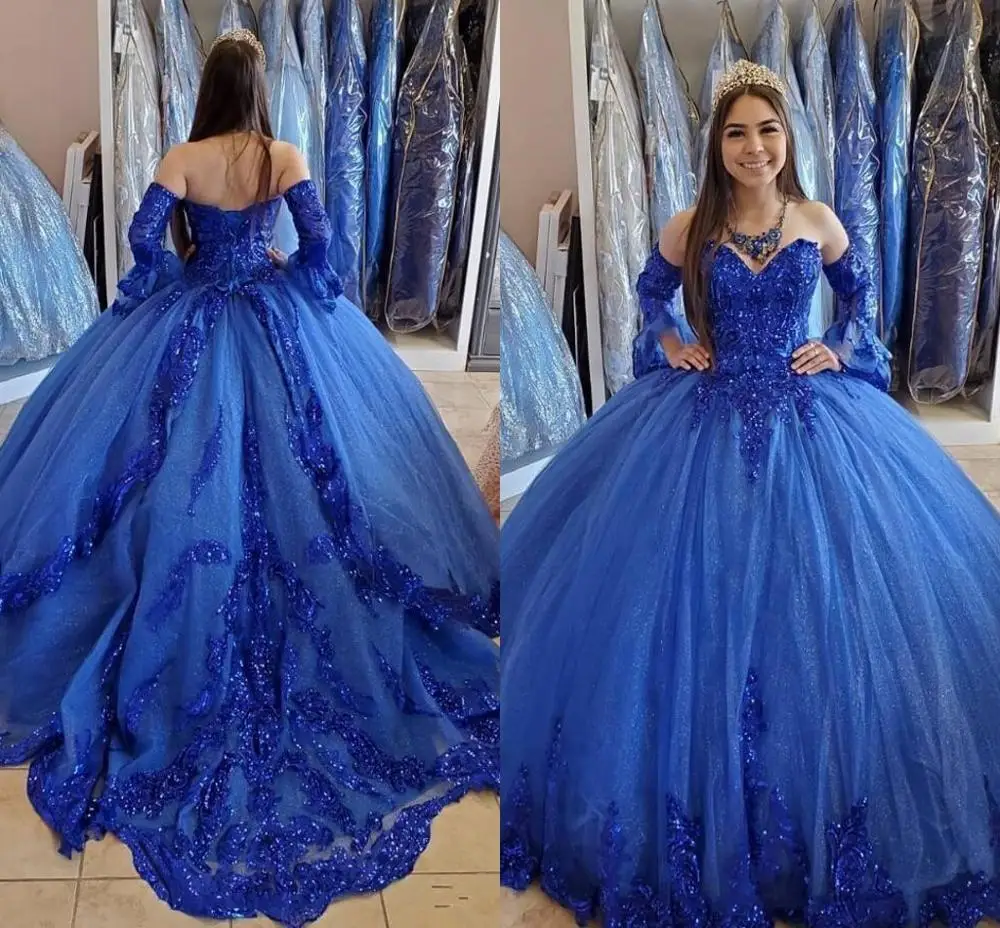 

Royal Blue Princess Quinceanera Dresses 2020 Sequins Applique Beaded Sweetheart Lace-up Corset Back Prom Sweet 16 Dress