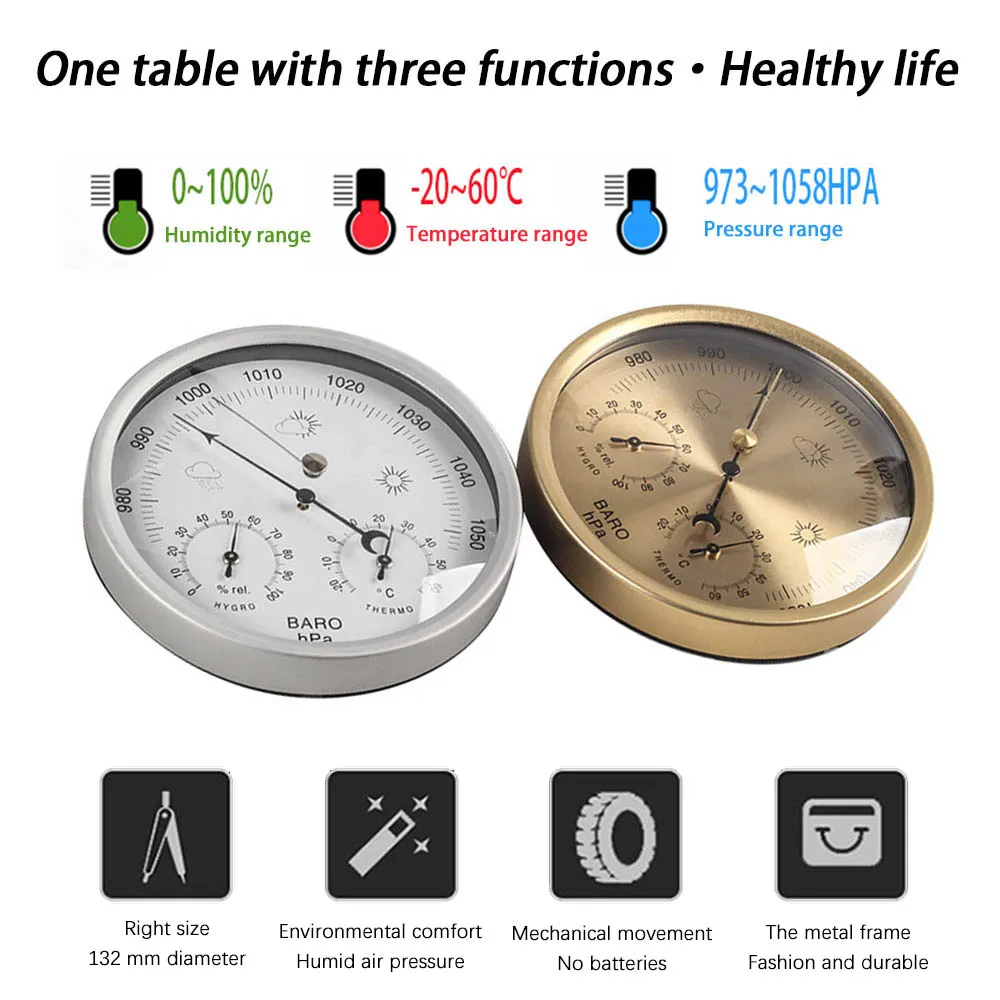 

3 In 1 Bell-shaped Thermometer Pointer Hygrometer Barometer Indoor Outdoor Wall Mounted Weather Barometer for Home Office