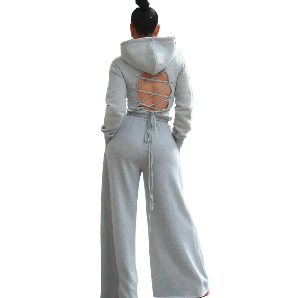 

Newest Clubwear Women Tracksuits Fashion Solid Hooded Neck Long Sleeve Backless Lace-up Sweatshirt Wide Pants Sets 2PCS Sports