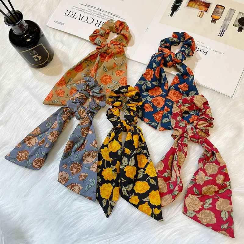 

2021 New Bohemia Bow Scrunchies for Women Girls Elastic Hair Bands Printed Floral Hair Ties Ponytail Holder Hair Accessories