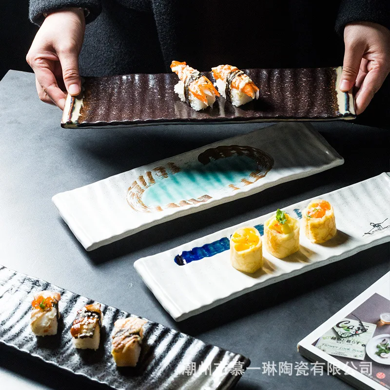 

Creative long plate sushi plate string plate Simple retro Japanese restaurant rectangular ceramic plate flat plate