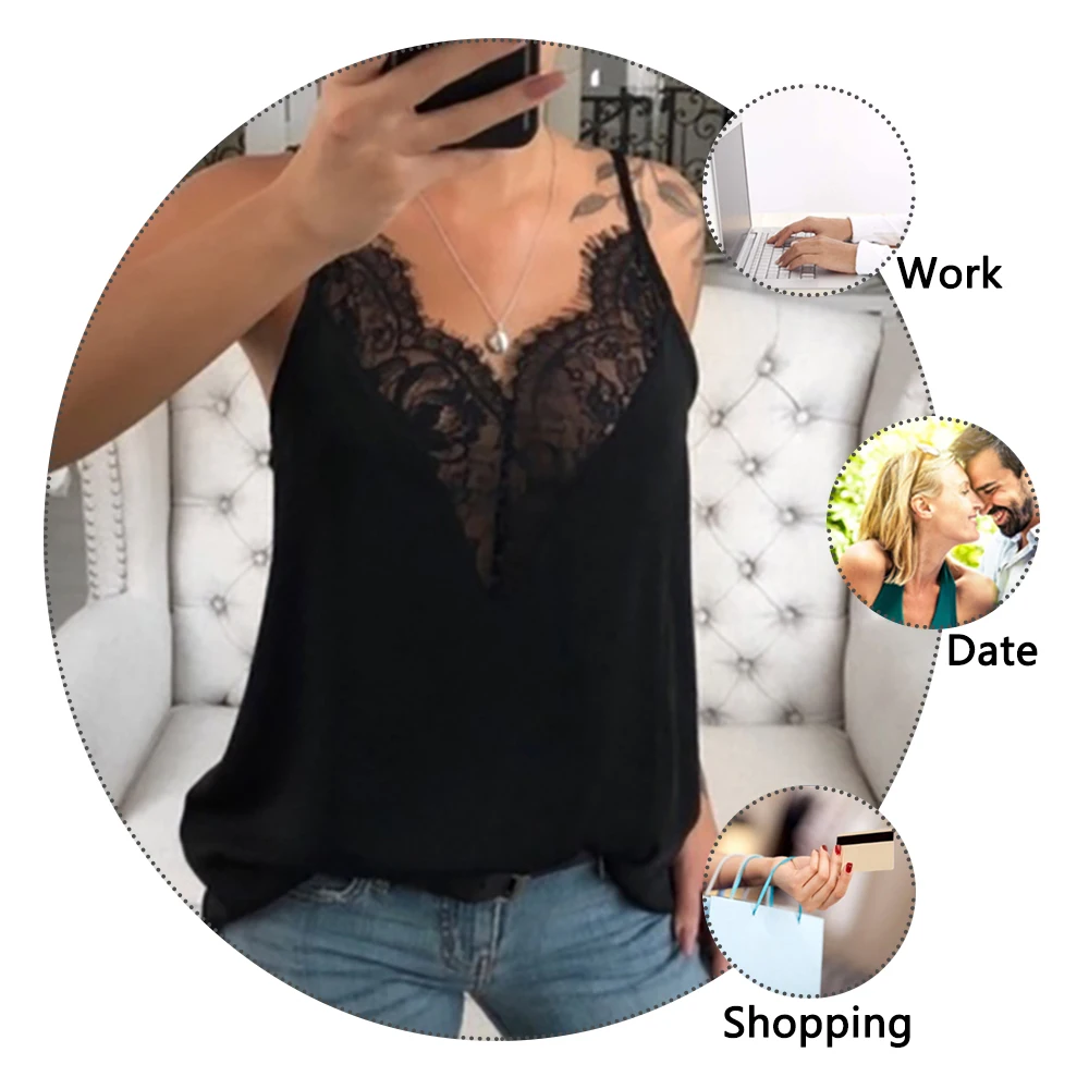 HEFLASHOR Casual Loose Summer Vest Women Sexy Lace V Neck Sling Tops Sleeveless T-Shirt Solid Spaghetti Straps 2020 Fashion | Женская