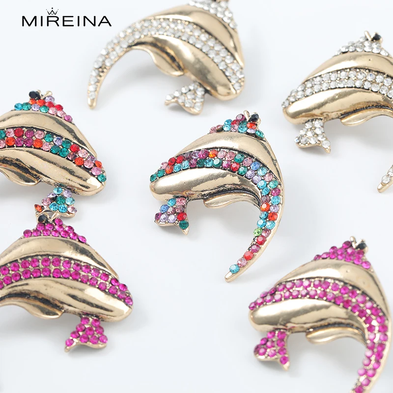 

MIREINA Novelty Fish Stud Earrings With Colorful Rhinestones 3 Colors Cute Dolphin Design Jewelry For Woman`s Gifts