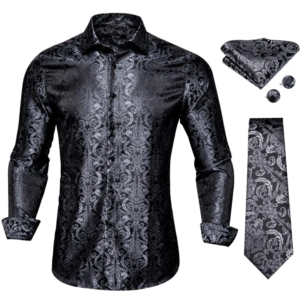 Hi-Tie Luxury Silk Mens Shirts Long Sleeve Black Blue Red Gold Jacquard Shirt Tie Hanky Cufflinks Set For Men Wedding Business