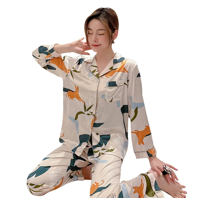 2021 New Pajamas Women's Spring Autumn Ice Silk Long Sleeve Two Piece Thin Sexy Loose Silk Like Home Clothes Pajamas for Women