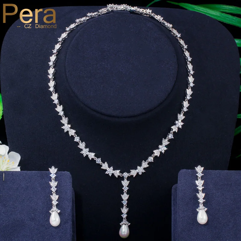 Pera Свадебные Элегантные серьги-капли с белым камнем CZ и жемчугом ожерелья