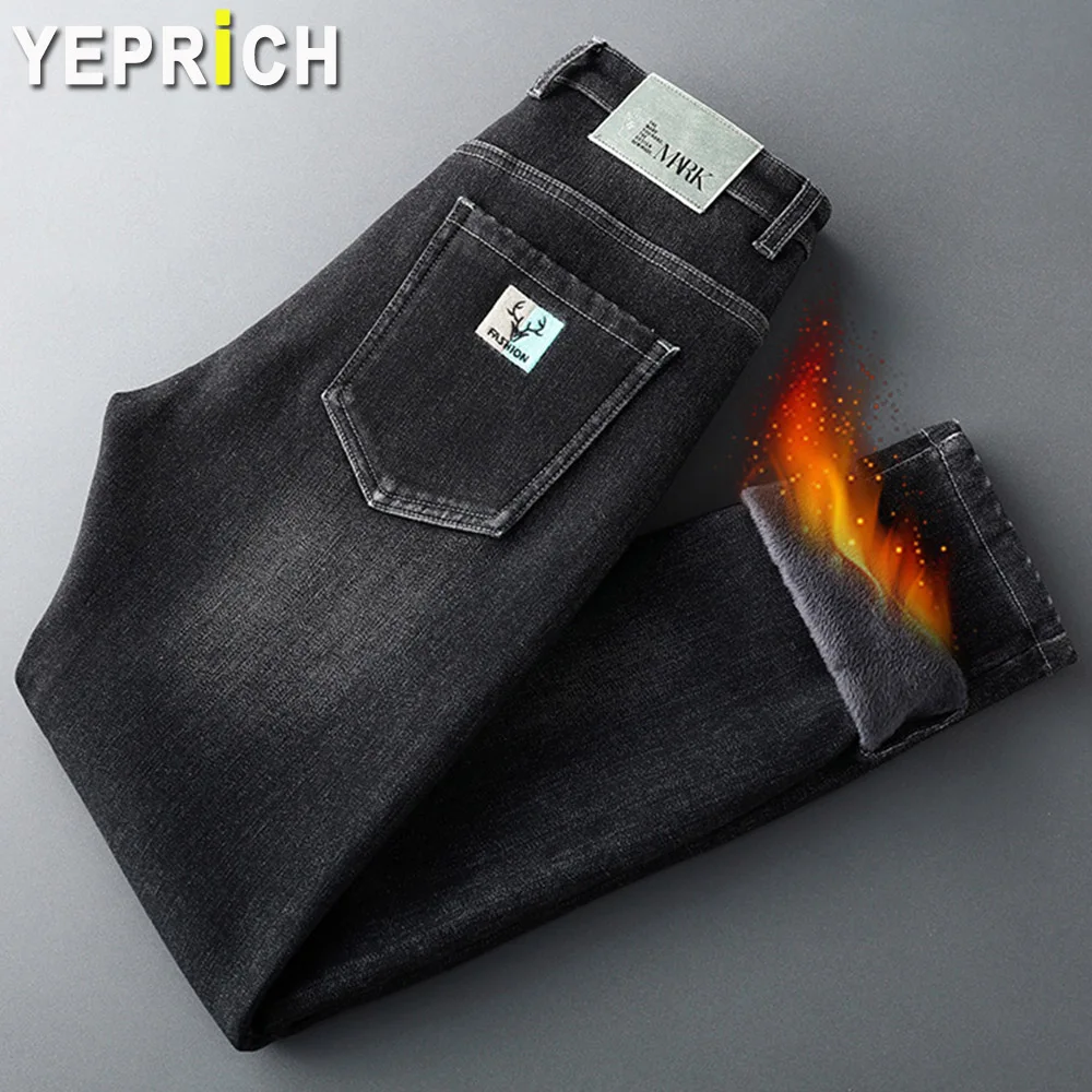 

Jean Slim Homme Stretch Fleece Elastic Casual Men Denim Trousers Streetwear Male Black Blue Pencil Pants
