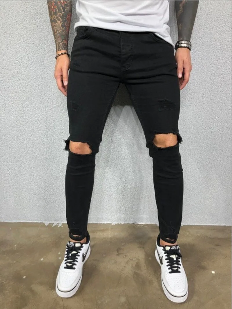 Fashion Men Jeans Autumn Pierced Elastic  Ripped Jeans for Men Trend Hole Pencil Pants Solid Color Denim Pants Boyfriend Jeans