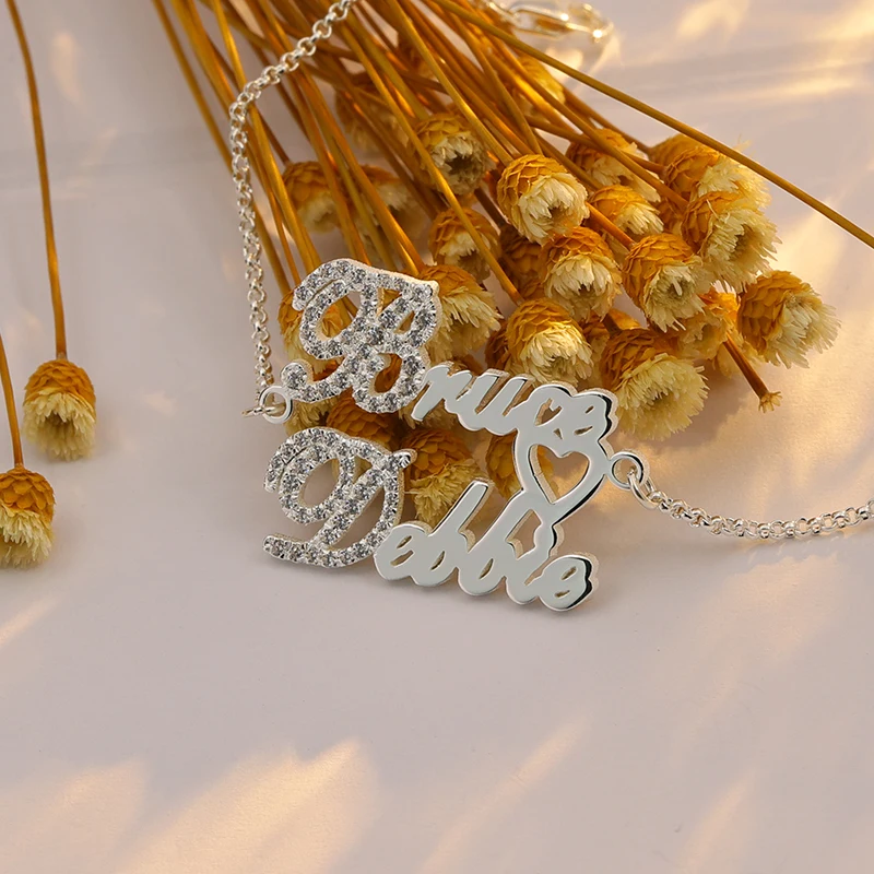 

S925 sterling Silver Full Zircon Double Name Bracelet Custom First letter Zircon Bracelet Personalized Nameplate Jewelry Gift