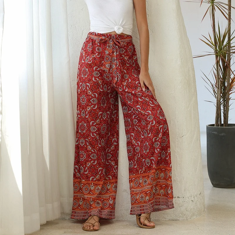 

Vintage Pants Women Floral Print Wide Leg Bohemian Pants Ladies Sashes Loose Rayon Boho Long Pants