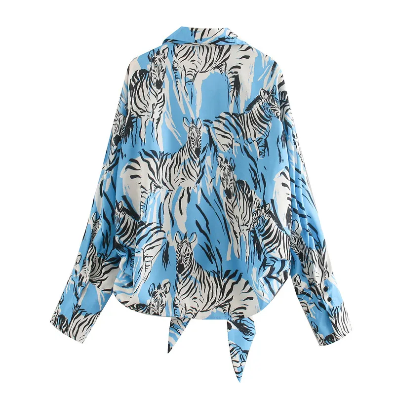 

za 2020 fashion blouse women blue twill lapel single-breasted bow zebra pattern print blouse female raglan sleeve blusas mujer