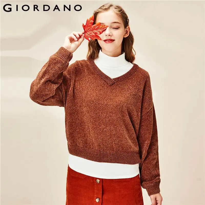 

Giordano Women Sweaters Plain V-neck Dropped Shoulder Sweater Soild Ribbed Cuffs And Hem Blusas De Inverno Feminina 13350805